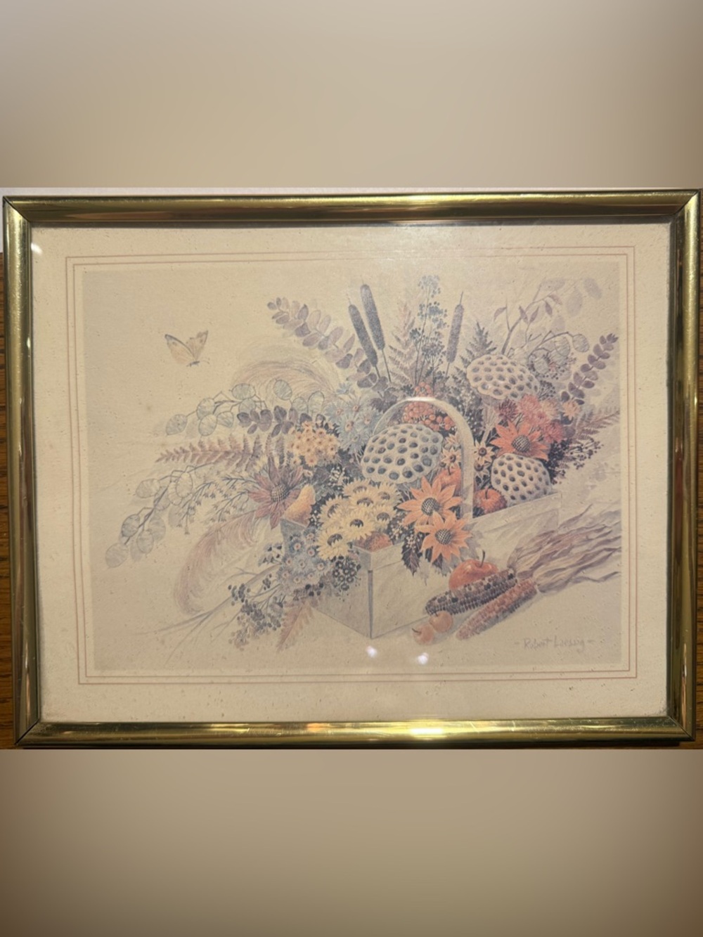 Vintage lithograph print titled "Basket of Flowers" by the artist Robert Laessig